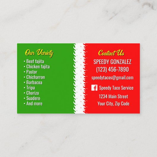 Cartes de visite pour service de traiteur de tacos (Dos)