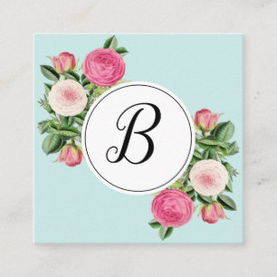 Cartes de visite roses de monogramme bleu floral