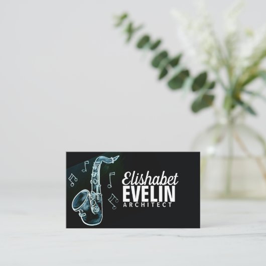 Cartes de visite saxophones en tableau noir (Debout devant)