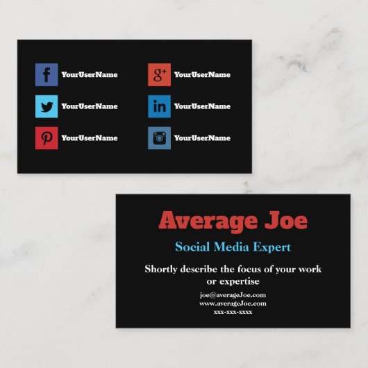 Cartes de visite simples pour expert en médias soc (Devant / Derrière)