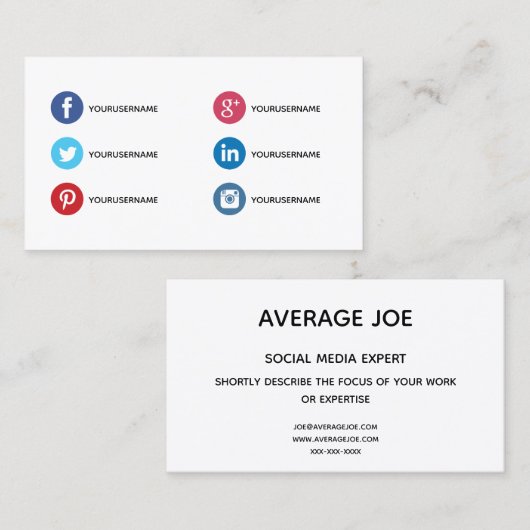 Cartes de visite simples pour expert en médias soc (Devant / Derrière)