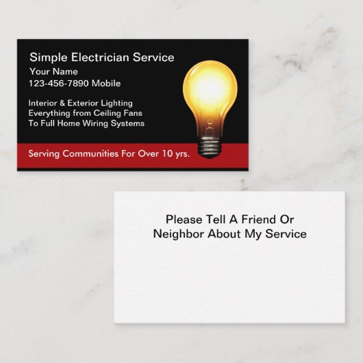 Cartes de visite simples pour un électricien (Devant / Derrière)