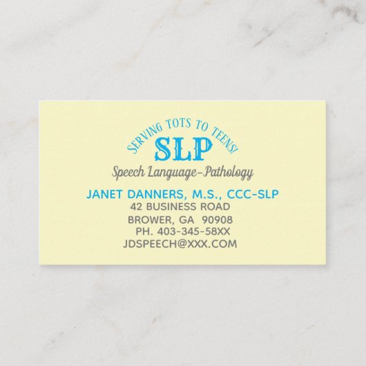 Cartes de visite SLP servant des tots aux ados (Dos)