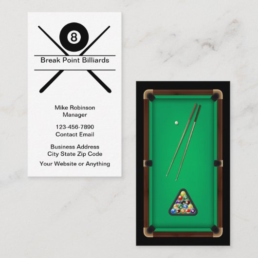 Cartes de visite thème salle de billard cool (Devant / Derrière)