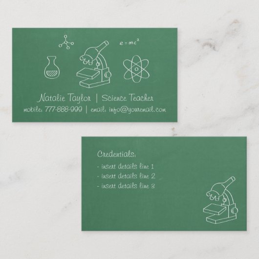 Cartes de visite verts de professeur de Sciences (Devant / Derrière)