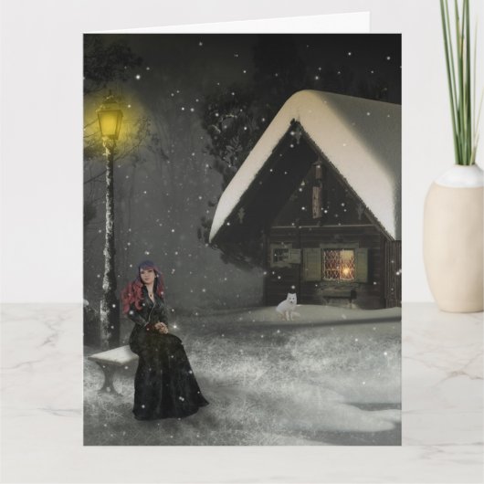 CARTES DE VŒUX CABANE D'HIVER FILLE NEIGE PENSE À  (Devant)