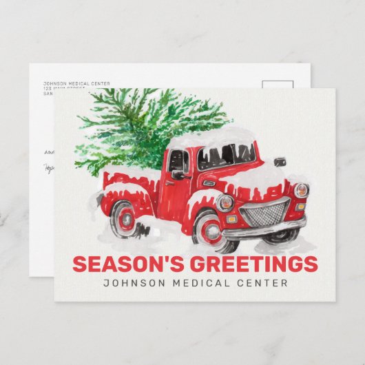 Cartes de vœux saisonnières camion rouge aquarelle (Devant / Derrière)