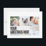 Cartes de vœux universelles modernes personnalisée<br><div class="desc">Cartes postales de vœux universelles modernes et élégantes personnalisées avec 6 photos de famille, comportant un collage de photos stylé avec 6 images personnalisées, votre message de vœux en gras et en police sans empattement moderne et accrocheur, votre nom, date, année, message au verso dans une police typographique minimale et...</div>