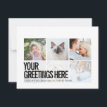 Cartes de vœux universelles modernes personnalisée<br><div class="desc">Cartes postales de vœux universelles modernes et élégantes personnalisées avec 6 photos de famille, comportant un collage de photos stylé avec 6 images personnalisées, votre message de vœux en gras et en police sans empattement moderne et accrocheur, votre nom, date, année, message au verso dans une police typographique minimale et...</div>