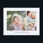 Cartes de vœux universelles personnalisées avec 3<br><div class="desc">Cartes postales de vœux universelles personnalisées avec 3 photos de famille avec un collage de photos élégant comprenant 3 images personnalisées,  votre message de vœux dans une police manuscrite élégante,  votre nom,  date,  année,  message au verso dans une police sans empattement moderne et simple.</div>