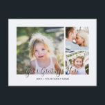 Cartes de vœux universelles personnalisées avec 3<br><div class="desc">Cartes postales de vœux universelles personnalisées avec 3 photos de famille avec un collage de photos élégant comprenant 3 images personnalisées,  votre message de vœux dans une police manuscrite élégante,  votre nom,  date,  année,  message au verso dans une police sans empattement moderne et simple.</div>