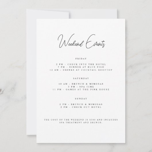 Cartes de week-end de bachelorette blanches modern (Dos)