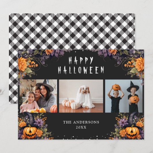 Cartes d'Halloween Buffalo Plaid Photo citrouilles (Devant / Derrière)