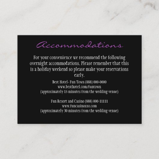 Cartes d'hébergement à la réception violet et noir (Devant)