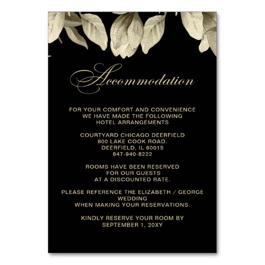 Cartes d'hébergement Floral Black and Gold mariage (Par défaut)