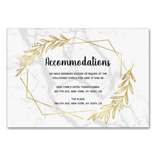 Cartes D'Hébergement Mariage En Marbre Et Or (Devant)