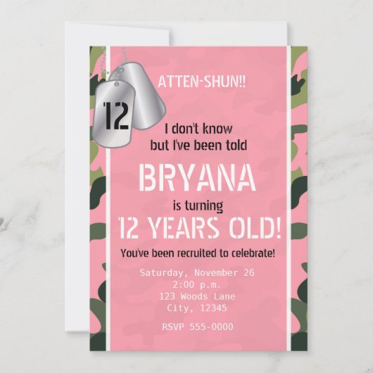 Cartes d'identité de l'armée PINK Invitations camo (Devant)