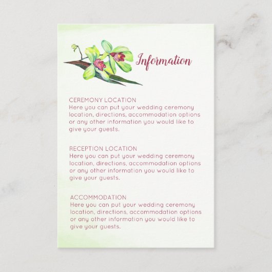 Cartes d'information du Mariage Green Orchid Marsa (Devant)