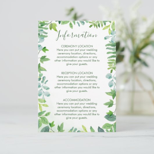 Cartes d'information Mariage Watercolor Green (Debout devant)