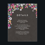 Cartes d'insertion du Mariage Floral Chalkboard<br><div class="desc">Cartes d'information parfaites pour correspondre à nos invitations de mariage chalkboard floral! Changez le texte à ce que vous devez partager avec les invités - directions, hébergement, informations sur le dîner de répétition, etc. encadré de fleurs sauvages colorés peints à la main en rose, bleu, jaune et blanc, contre un...</div>