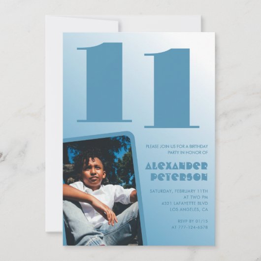 Cartes d'invitation 11 ans garçon avec dégradé ble (Devant)