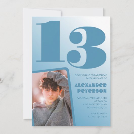 Cartes d'invitation 13 ans garçon avec dégradé ble (Devant)