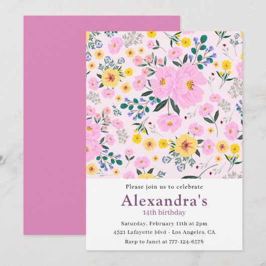 Cartes d'invitation 14 ans Floral Boho Rose (Devant / Derrière)