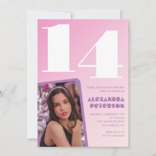 Cartes d'invitation 14 ans rose Fille Photo Rétro
