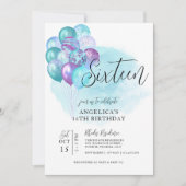 Cartes d'invitation 16 ans avec ballons sarcelle e (Devant)