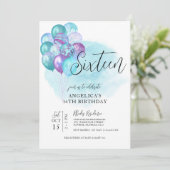 Cartes d'invitation 16 ans avec ballons sarcelle e (Debout devant)