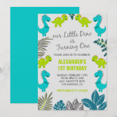 Cartes d'invitation 1er anniversaire dinosaure jun (Devant / Derrière)