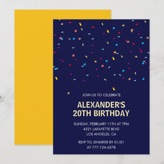Cartes d'invitation 20e anniversaire Hommes Confet (Devant / Derrière)