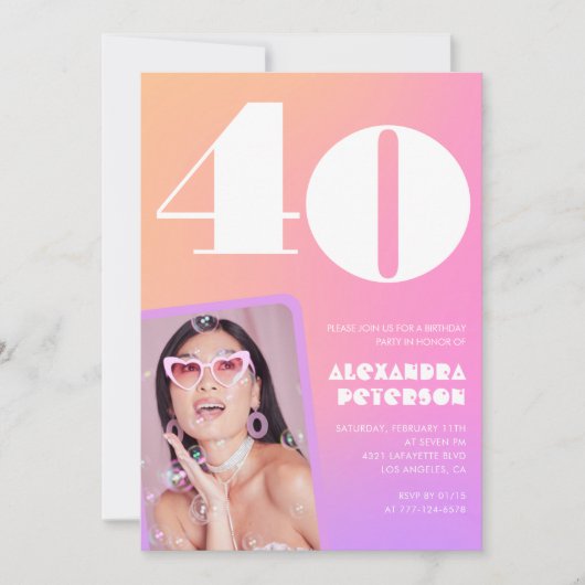 Cartes d'invitation 40 ans anniversaire rose Photo (Devant)