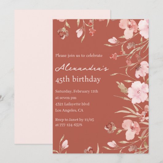 Cartes d'invitation 45e anniversaire Boho Floral C (Devant / Derrière)