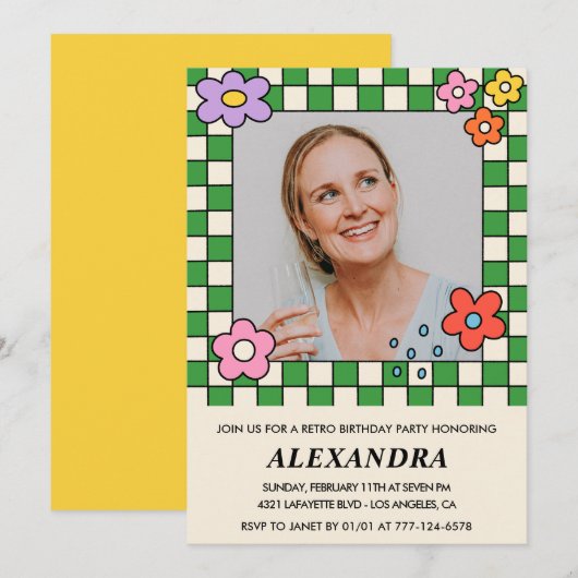 Cartes d'invitation 45e anniversaire Fleurs Rétro (Devant / Derrière)