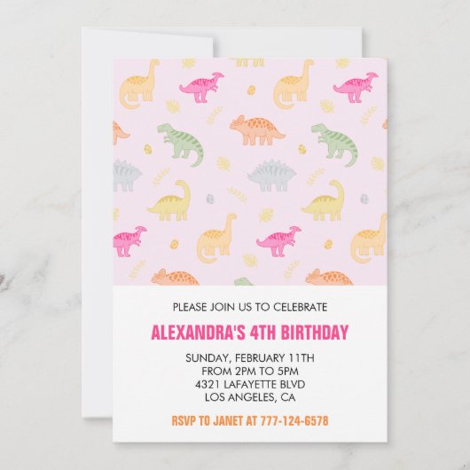 Cartes d'invitation 4 ans fille dinosaure rose jun (Devant)