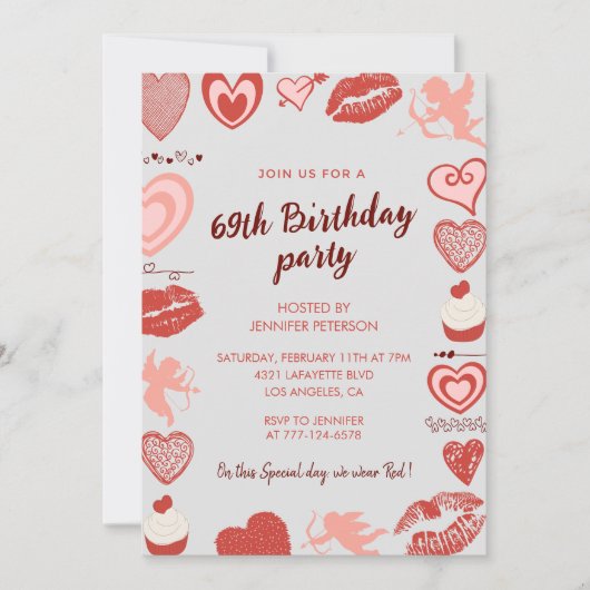 Cartes d'invitation 69 ans avec coeurs gris et rou (Devant)