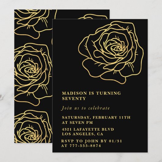 Cartes d'invitation 70 ans noir Fleurs dorées (Devant / Derrière)