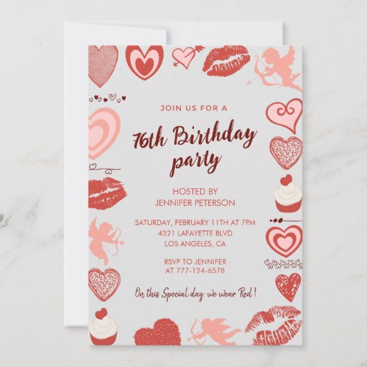 Cartes d'invitation 76 ans avec coeurs gris et rou (Devant)
