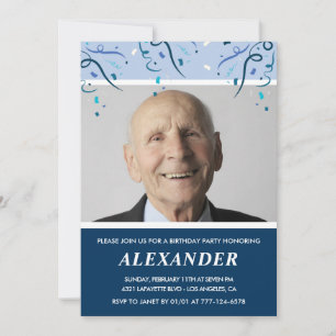 Cartes d'invitation 90 ans homme Photo Bleu marine