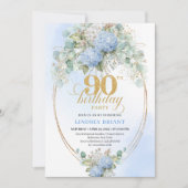Cartes d'invitation 90 ans Luxe Hydrangeas Bleu Or (Devant)