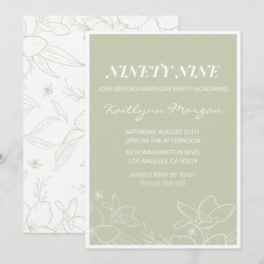 Cartes d'invitation 99 ans élégantes à fleurs vert (Devant / Derrière)