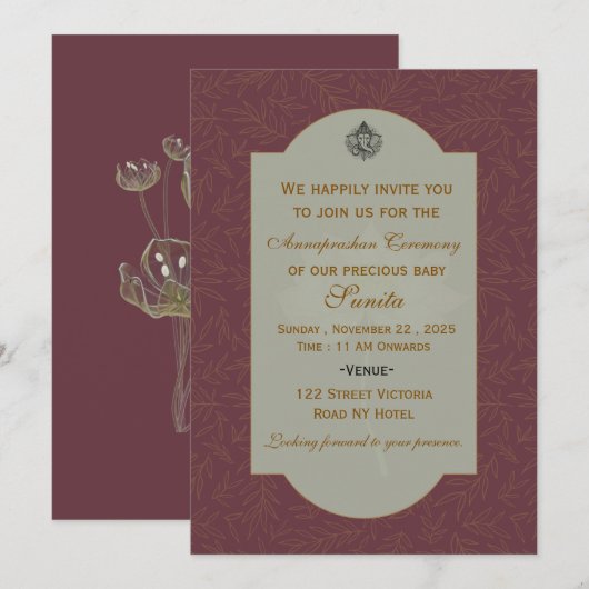 Cartes d'invitation à la cérémonie de l'alimentati (Devant / Derrière)
