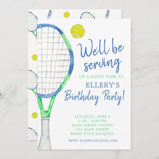 Cartes d'invitation à une fête de tennis en aquare (Devant / Derrière)