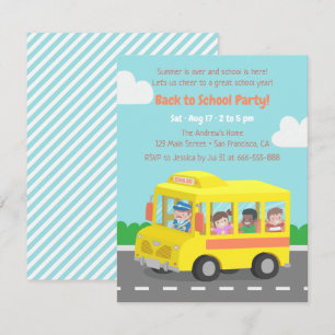 Cartes d'invitation à une fête jaune d'autobus pou