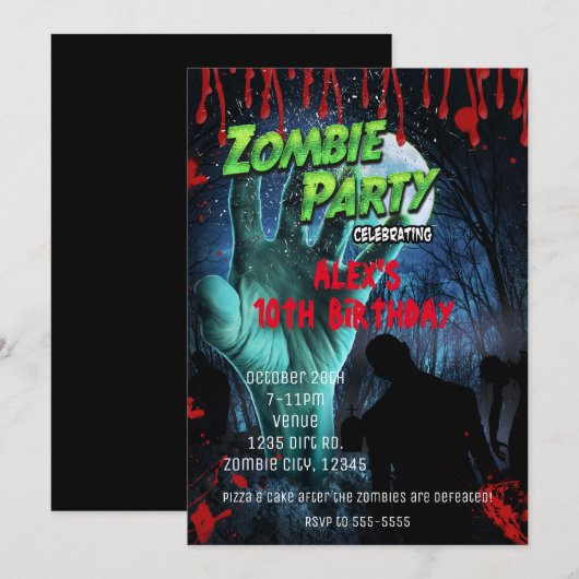 Cartes d'invitation à une soirée ZOMBIE Halloween (Devant / Derrière)
