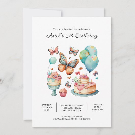 Cartes d'invitation anniversaire papillon imprimab (Devant)