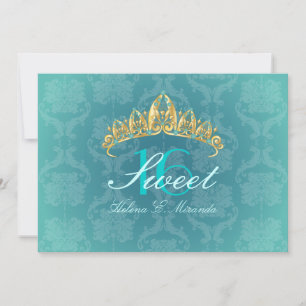 Cartes d'invitation Aqua Damask Sweet 16/tiara/tur