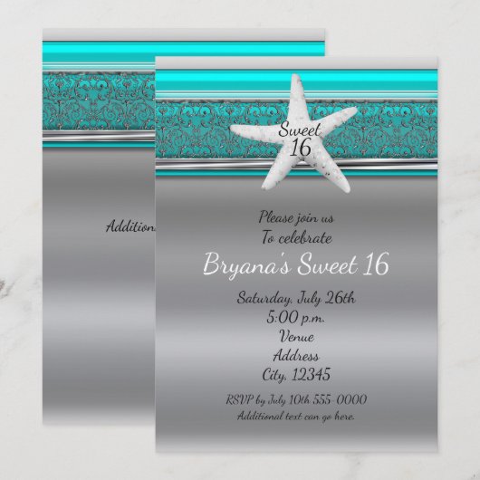 Cartes d'invitation Aqua & Silver Starfish Beach S (Devant / Derrière)