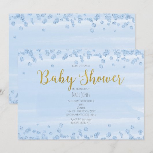 Cartes d'invitation Baby Shower Bleu clair et Or (Devant / Derrière)